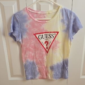 GUESS Tie-Dye Logo Tee — Pink, Yellow & Lavender